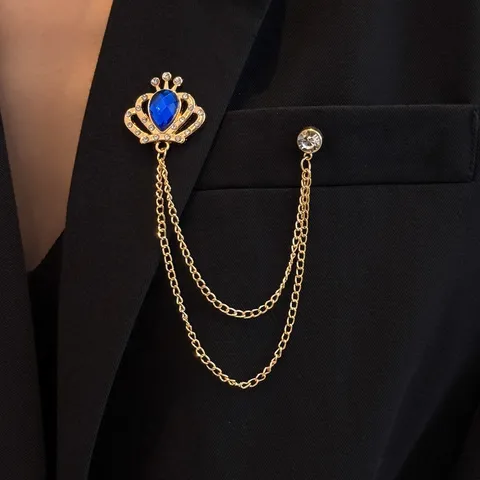 Luxury Zinc Alloy Rhinestone Brooch For Men Women Vintage Crown Eagle Anchor Tassel Chain Lapel Pin For Suit Party Fashion Jewelry