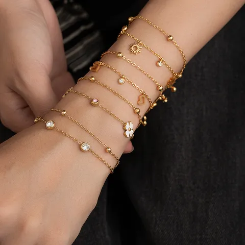 Minimalist Stainless Steel Double Layer Rhinestone Geometric Pendant Chain Bracelet Gold Fashion Women Jewelry