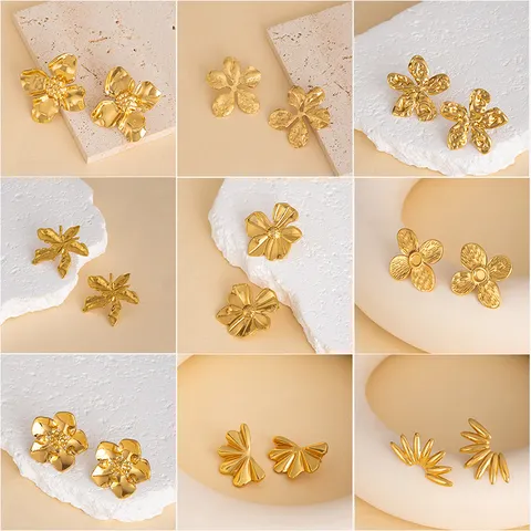 Minimalist Stainless Steel Floral Geometric Stud Earrings For Women Retro Golden Flower Ear Jewelry