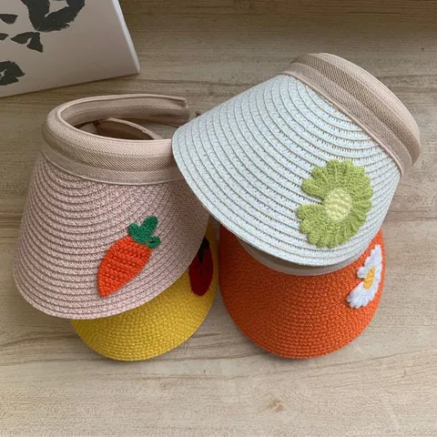 Sommer Süße Cartoon Frucht Und Blumen Sonnenschirm Strohhut Kinder Outdoor Reisen Sonnenschutz Leere Top Strandmütze