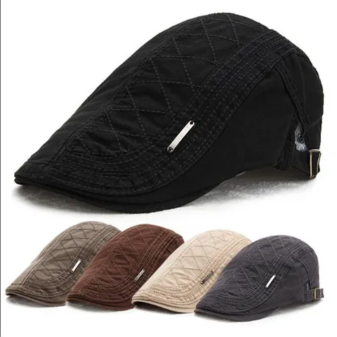 Heren Britse Stijl Platte Pet Vintage Katoenmix Gestept Newsboy Hoed Baret Jachtpet Met Metalen Gesp