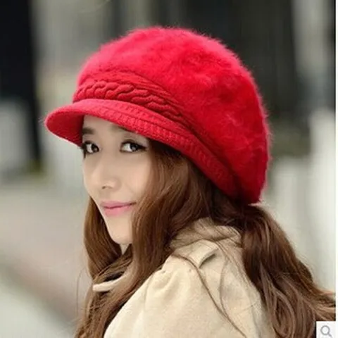 Dames Winter Warm Konijnenhaar Gebreide Baret Muts Mode Casual Effen Kleur Newsboy Pet