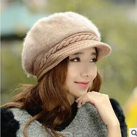 Dames Winter Warm Konijnenhaar Gebreide Baret Muts Mode Casual Effen Kleur Newsboy Pet