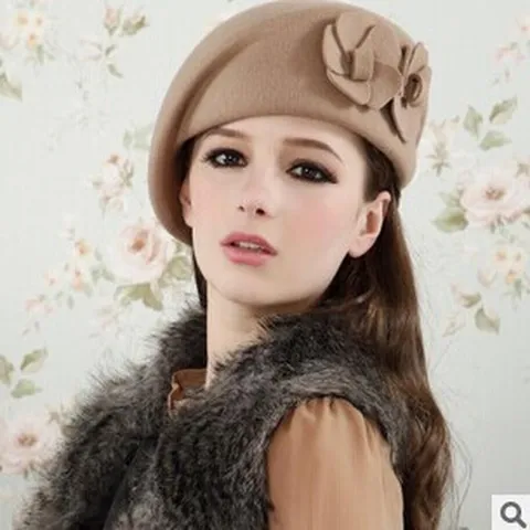 Women Winter Wool Felt Beret Hat Elegant Floral Decor Warm French Artist Cap