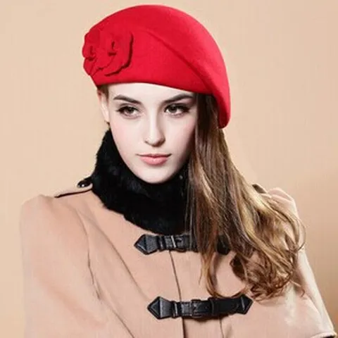 Women Winter Wool Felt Beret Hat Elegant Floral Decor Warm French Artist Cap