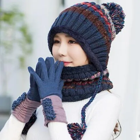 Vrouwen Winter Warme Gebreide Muts en Sjaal Set Fleece gevoerd Verdikt Winddicht Oorbescherming Leuke Pompon Muts Set