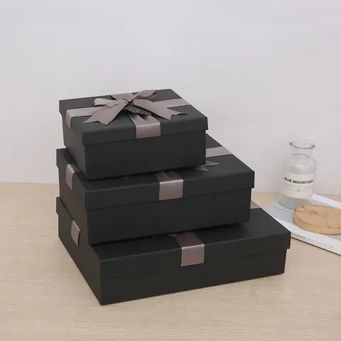 High Grade Rectangle Gift Box With Lid Black Present Box With Ribbon Bow For Birthday Party Gift Packaging Box