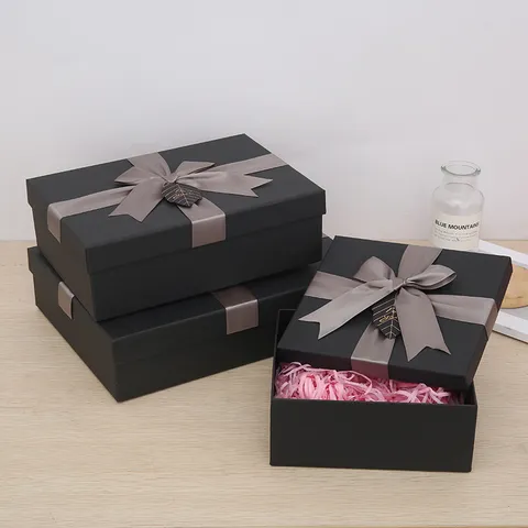 High Grade Rectangle Gift Box With Lid Black Present Box With Ribbon Bow For Birthday Party Gift Packaging Box