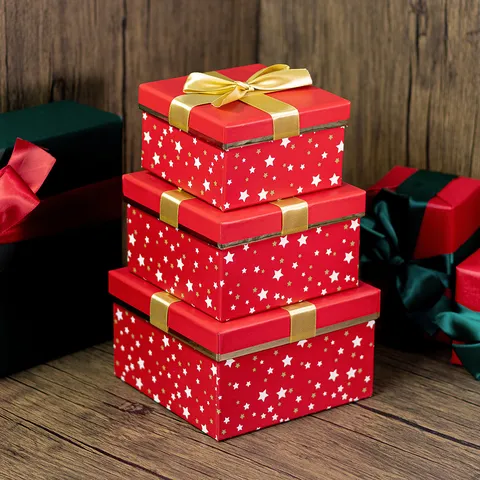 Christmas Red Gift Box With Bow And Star Pattern Lid And Base Packaging Box For Holiday Party Festival Gifting