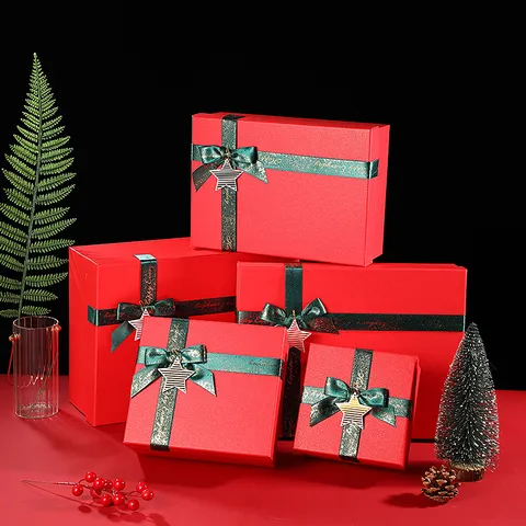 Red Christmas Gift Box With Ribbon Star Pendant Festive New Year Holiday Present Packaging Box For Party Supplies