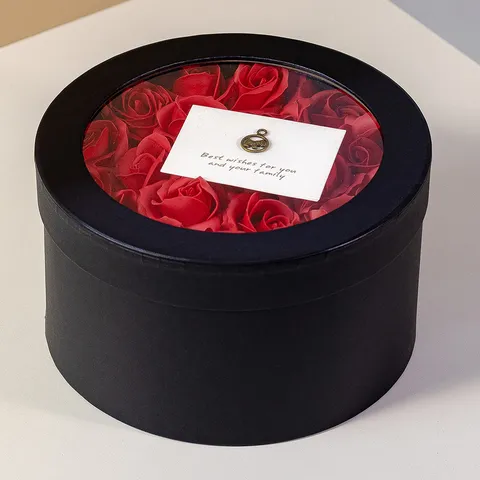 Caja de Regalo Redonda Negra Con Tapa Transparente Empaquetado de Flores Caja de Almacenamiento Para Fiesta de Boda