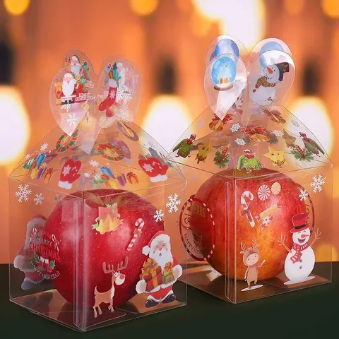 Transparent PVC Christmas Apple Box Clear Gift Packaging Box With Festive Santa Claus Snowman Print For Holiday Party Favors