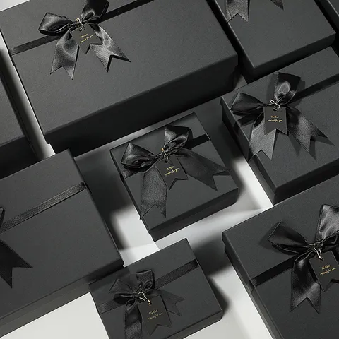 Caja de Regalo Negra Clásica con Lazo Caja de Embalaje Vacía con Cinta para San Valentín Cumpleaños Fiesta Caja de Almacenamiento