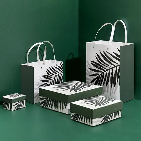 Green Leaf Pattern Rectangular Lid And Base Gift Box Paper Bag Set Empty Packaging Box For Present Storage