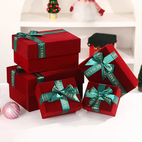 Wine Red Velvet Gift Box Christmas Wedding Bow Packaging Box Holiday Gift Lid And Base Luxury Storage Box