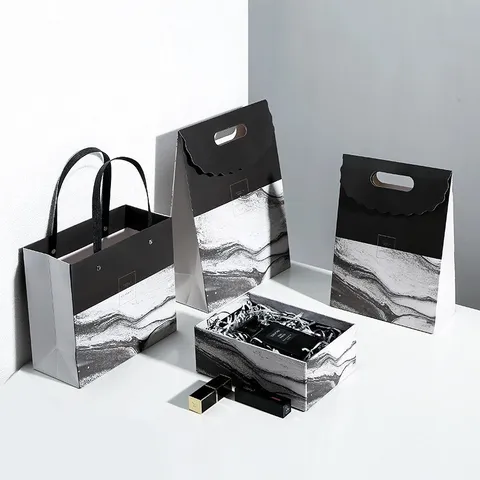 Marble Pattern Paper Gift Box Handbag Set Creative Rectangular Present Packaging Box For Wedding Party Holiday