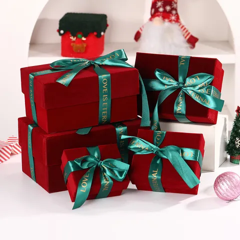 Wine Red Flocked Gift Box With Green Bowknot Ribbon Christmas Holiday Present Packaging Box For Party Wedding Decoration