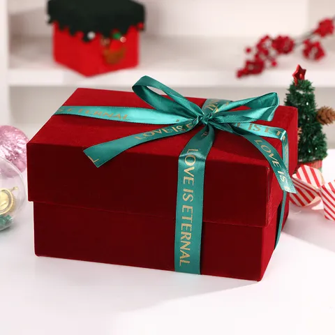 Wine Red Flocked Gift Box With Green Bowknot Ribbon Christmas Holiday Present Packaging Box For Party Wedding Decoration