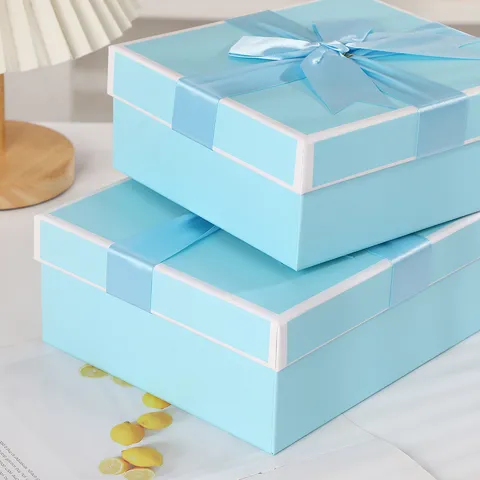 Light Blue Gift Box With Ribbon Bow Elegant Cardboard Packaging Box For Birthday Wedding