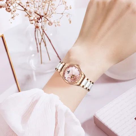 Montre Mécanique Automatique Élégante pour Femme Cadran Ajouré Bracelet en Céramique Imperméable Luxe Mode