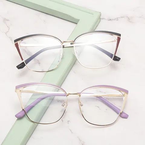 Dames Mode Metaal Anti-Blauw Licht Kattenoog Bril Montuur Tweekleurig Optische Bril Minimalistisch Heldere Lenzen Bril
