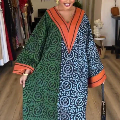 Robe Maxi Imprimée à Manches Longues et Col en V pour Femme Robe en Polyester de Style Occidental Color Block