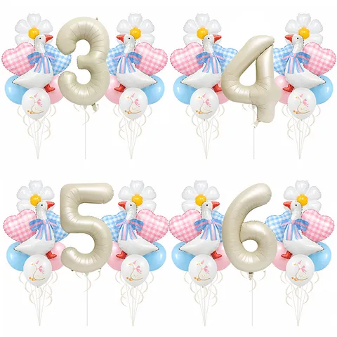 Cute White Goose Theme Balloon Set Plaid Heart Daisy Aluminum Foil Latex Balloons For Baby Birthday Party Decoration Supplies