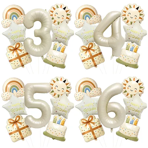 Vintage Birthday Balloon Set Sun Star Rainbow Cake Gift Box Foil Balloons For Party Background Celebration Decoration
