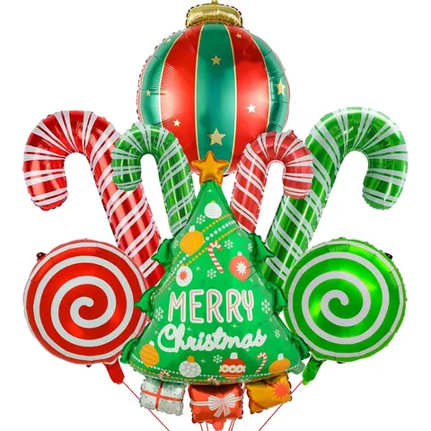 Merry Christmas Aluminum Foil Balloons Christmas Tree Candy Cane Stars Round Balloons For Festival Party Atmosphere Layout Decoration