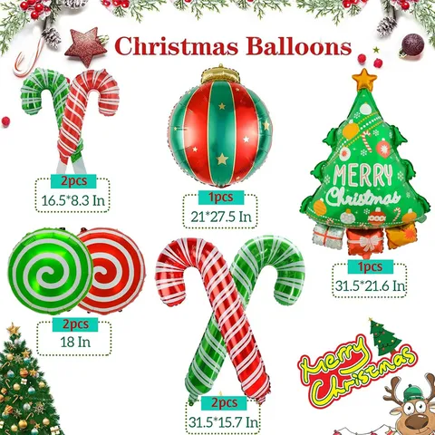 Merry Christmas Aluminum Foil Balloons Christmas Tree Candy Cane Stars Round Balloons For Festival Party Atmosphere Layout Decoration