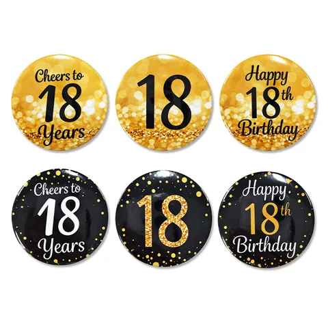 Black Gold 18th Birthday Theme Button Pin Tinplate Badge For Adult Happy Birthday Party Favors Cheers To 18 Years Commemorative Decoration
