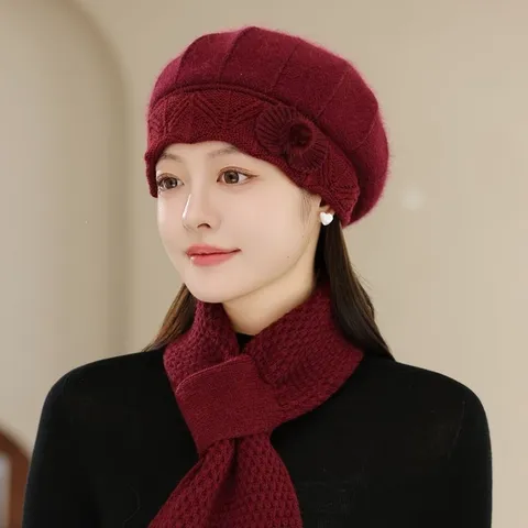 Combinaison Béret et Écharpe d'Hiver Chaud Doublé de Polaire pour Femmes Mélange de Poils de Lapin Bonnet en Tricot Floral pour Grand-mère