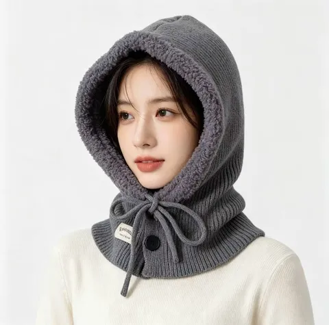 Winter Balaclava Knit Hat Fleece Lined Integrated Hood Scarf Ear Protection Warm Windproof Hoodie Neck Warmer For Women Men