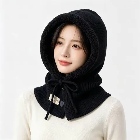 Winter Balaclava Knit Hat Fleece Lined Integrated Hood Scarf Ear Protection Warm Windproof Hoodie Neck Warmer For Women Men