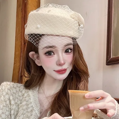 Elegant Women Vintage Pillbox Hat With Mesh Veil Bowknot Fascinator For Wedding Party Little Fragrance Style Autumn Winter Hat
