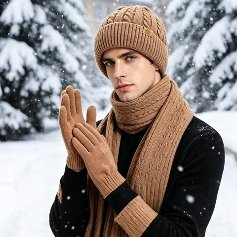 Ensemble Unisexe Bonnet Écharpe et Gants en Tricot à Torsades Polyester Chaud Doublé Polaire Hiver Coupe-vent Extérieur