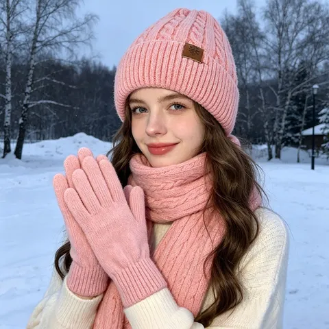 Ensemble Unisexe Bonnet Écharpe et Gants en Tricot à Torsades Polyester Chaud Doublé Polaire Hiver Coupe-vent Extérieur