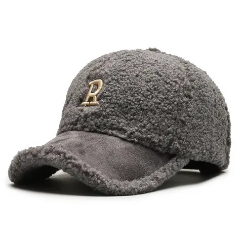 Women's Faux Lamb Wool Baseball Cap Autumn Winter Warm Plush Embroidery R Letter Adjustable Snapback Hat Fashion Outdoor Sun Hat