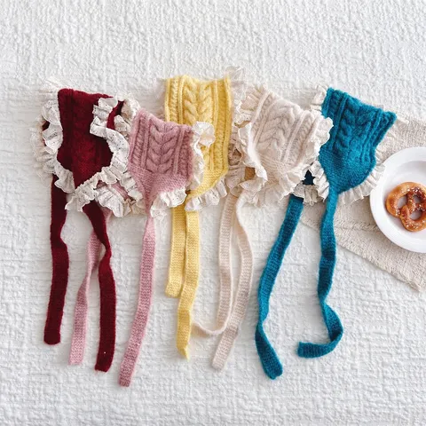 Kinder Mädchen Koreanischer Stil Spitzenbesatz Gestrickte Ohrschützer Winter Warm Zopfmuster Ohrenwärmer Bindedesign Süße Ohrenschützer