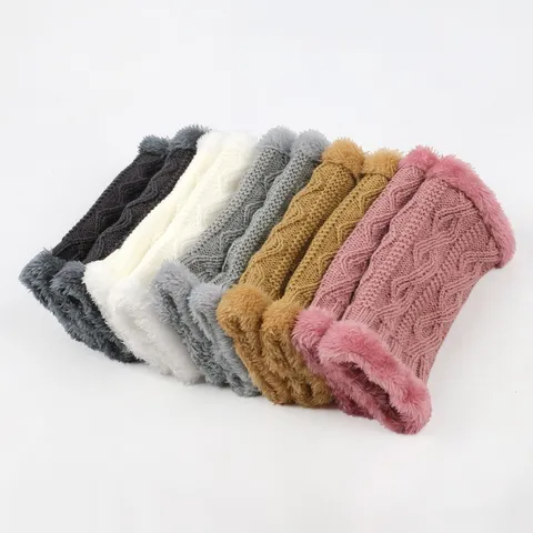 Damen Plüsch Rautenmuster Strick Fingerlose Handschuhe Herbst Winter Warm Verdickt Zopfmuster Armstulpen Kunstpelz Manschetten Ärmel