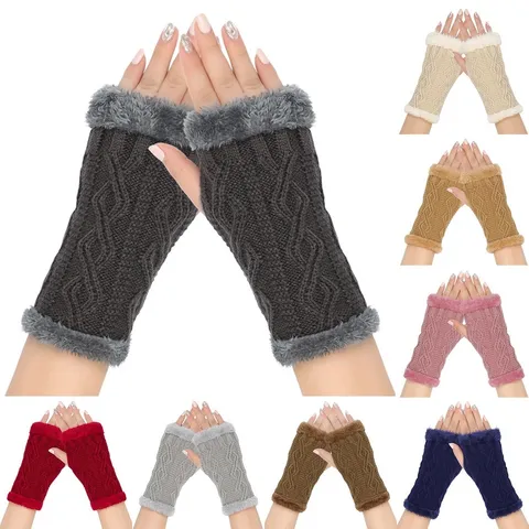 Damen Plüsch Rautenmuster Strick Fingerlose Handschuhe Herbst Winter Warm Verdickt Zopfmuster Armstulpen Kunstpelz Manschetten Ärmel