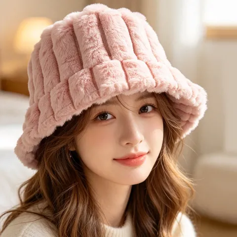 Women Thickened Faux Rabbit Fur Fisherman Hat Plush Bucket Hat Warm Winter Hat Japanese Korean Style Solid Color Foldable Outdoor Cap
