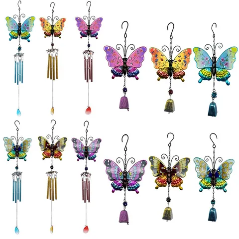 Carillon Éolien Papillon Créatif en Fer et en Verre Ornement Suspendu pour Jardin Extérieur Cour Décoration de Maison Cadeau