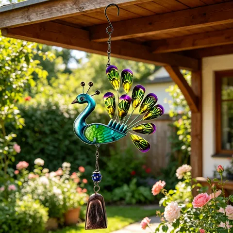 Carillon à Vent Paon Fait Main Fer Verre Peint au Pistolet Extérieur Jardin Cour Ornement Suspendu Décoration Maison Cadeau