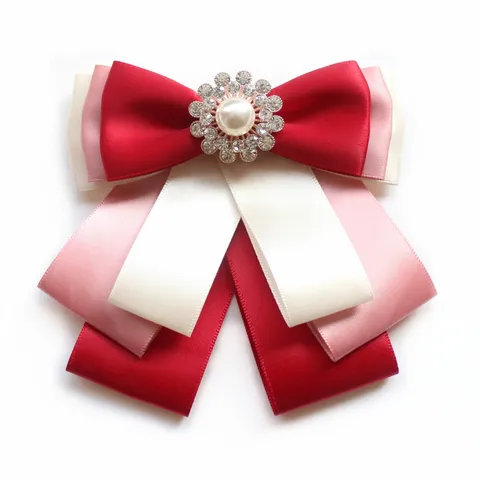 Women Professional Uniform Bow Tie Multi-Layer Ribbon Collar Flower With Pearl Rhinestone Brooch Formal Shirt Accessories