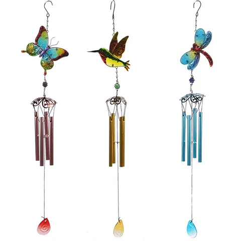 Handgemachte Eisen Gemalte Glas Windspiel Kolibri Schmetterling Libelle Metall Hängende Ornament Für Haus Garten Dekor