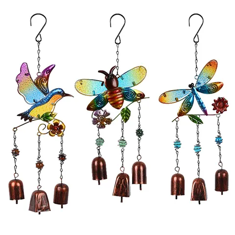 Metal Verre Peint Colibri Libellule Abeille Carillon Eolien Jardin Cour Decoration Suspendue Ornement Exterieur Cadeau