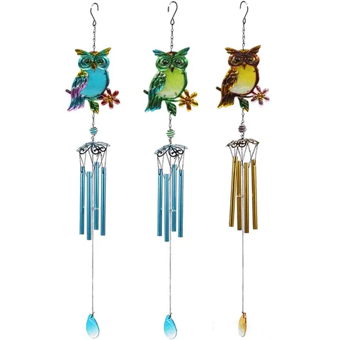Carillon Éolien Chouette Verre Coloré Art en Fer Pendentif Suspendu Cloche Créatif Cour Maison Jardin Décor Ornement