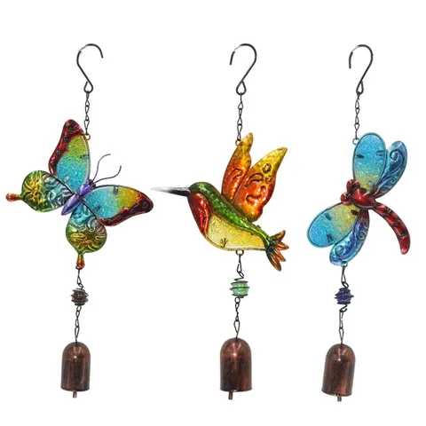 Handgemachte Eisen Gemalte Glas Windspiel Kolibri Schmetterling Libelle Metall Hängende Ornament Für Haus Garten Dekor