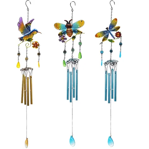 Carillon Éolien Créatif en Fer et Verre Peint Oiseau Abeille Libellule Jardin Ornement Suspendu Pendentif Acrylique Décoration